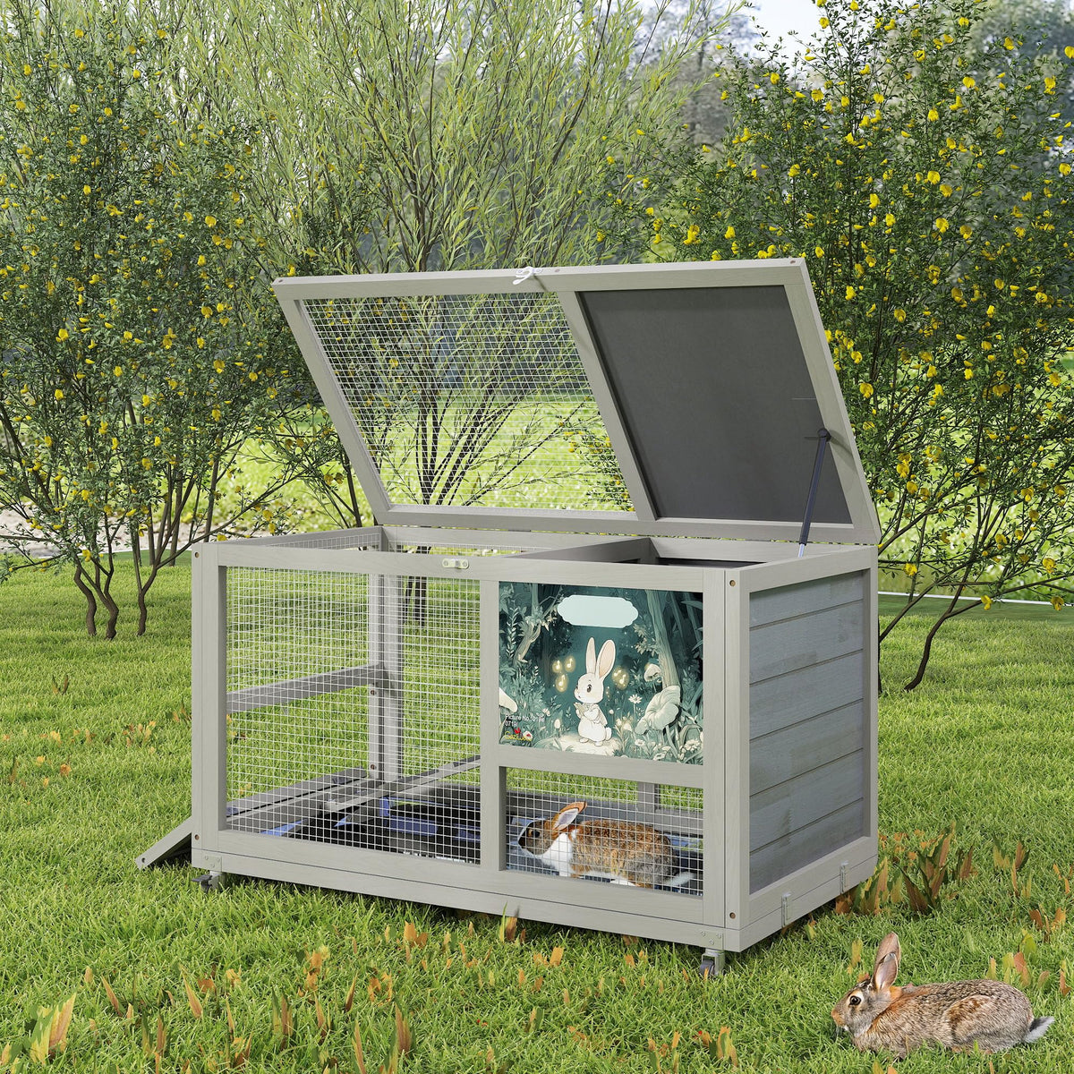 36.5" Two-Level Wooden Rabbit Hutch with Casters & Ramp C989985
